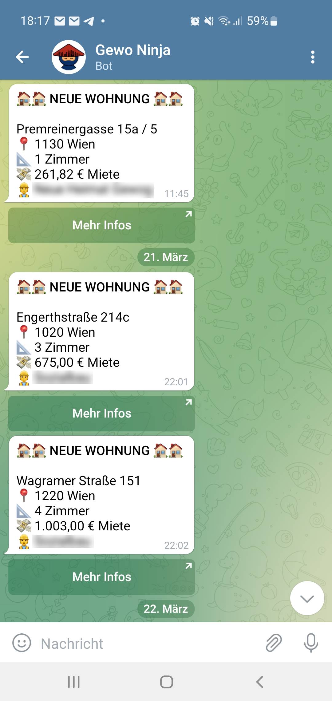 Gewo Ninja Telegram Bot Screenshot - Benachrichtigung über neue Genossenschaftswohnungen in Wien